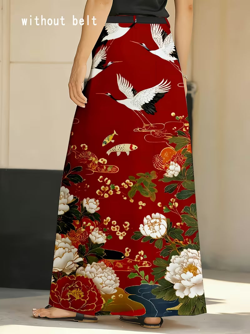 Red Flora Crane Maxi Skirt