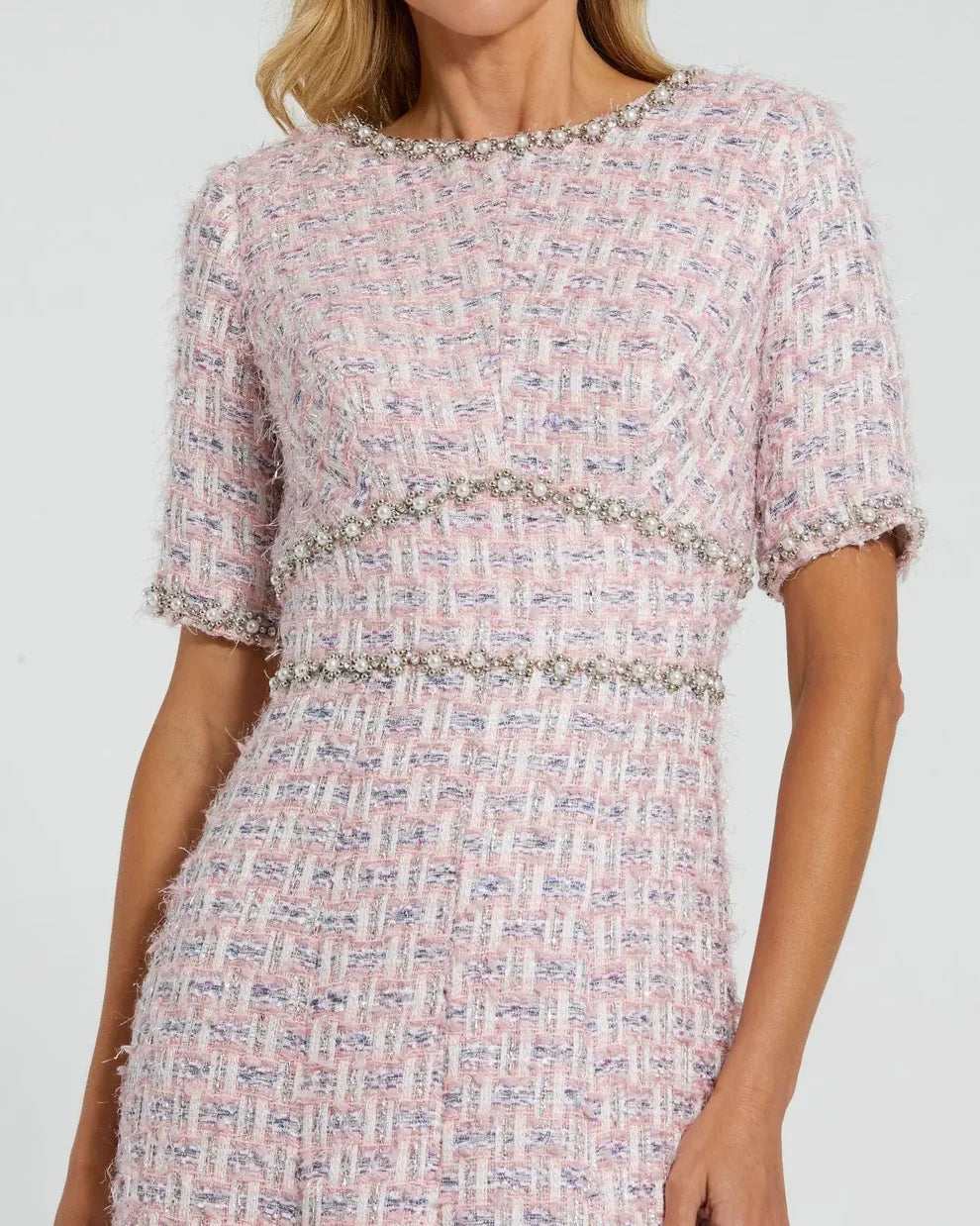 Pink Short Sleeve Beaded Trim Boucle Midi Dress Style #20806