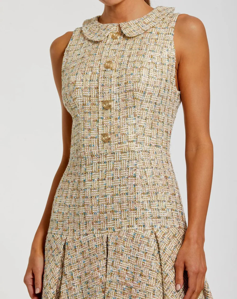 Gold Sleeveless Boucle Mini Dress with Pleats Style #21068