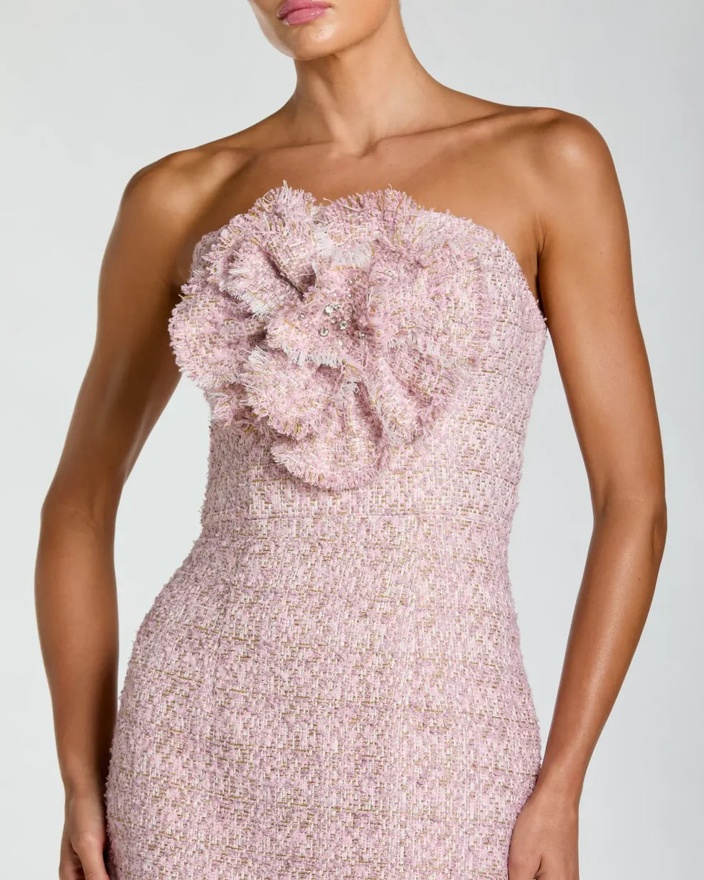 Pink Strapless Boucle Midi Dress With 3D Flower Style #21220