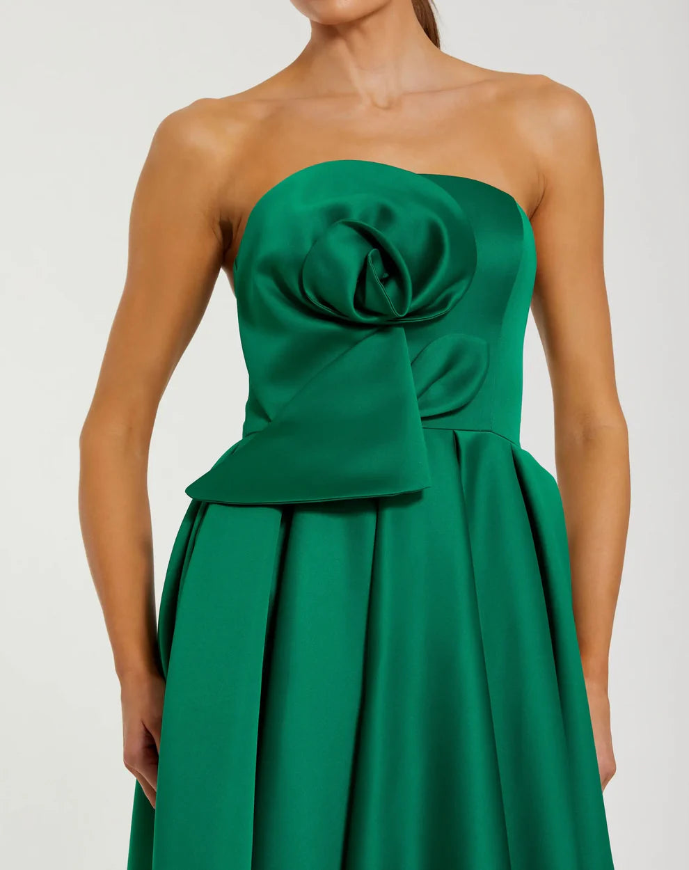 Green Strapless Satin A Line Midi Dress With 3D Flower Style #2330