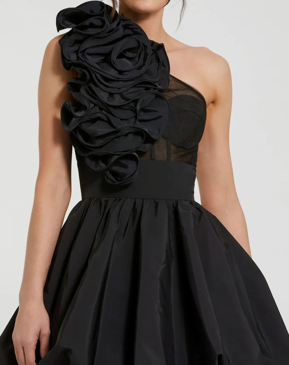 Black Taffeta One Shoulder Ruffle Bubble Mini Dress Style #49858