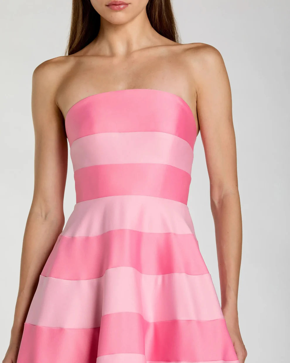 Pink Striped Strapless Satin Ballgown With Pockets Style #56353