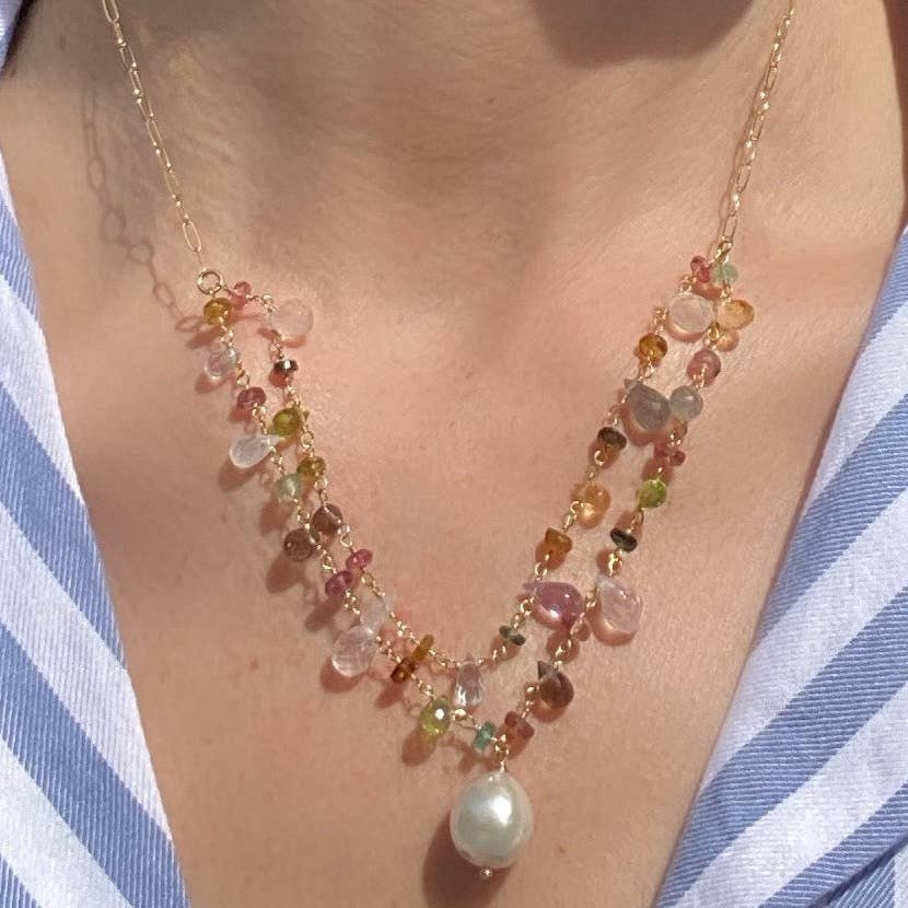 Layered Baroque Pearl Wildflower Necklace: Gold Filled