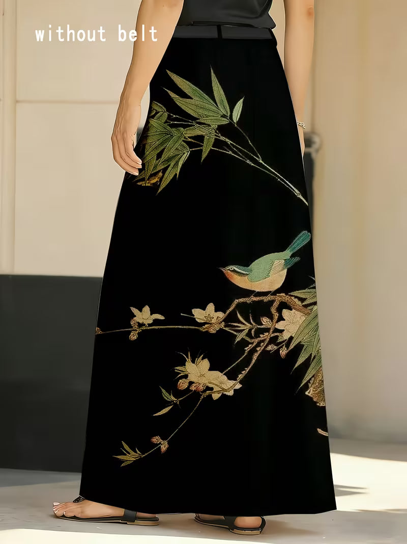 Black Floral Bird Maxi Skirt