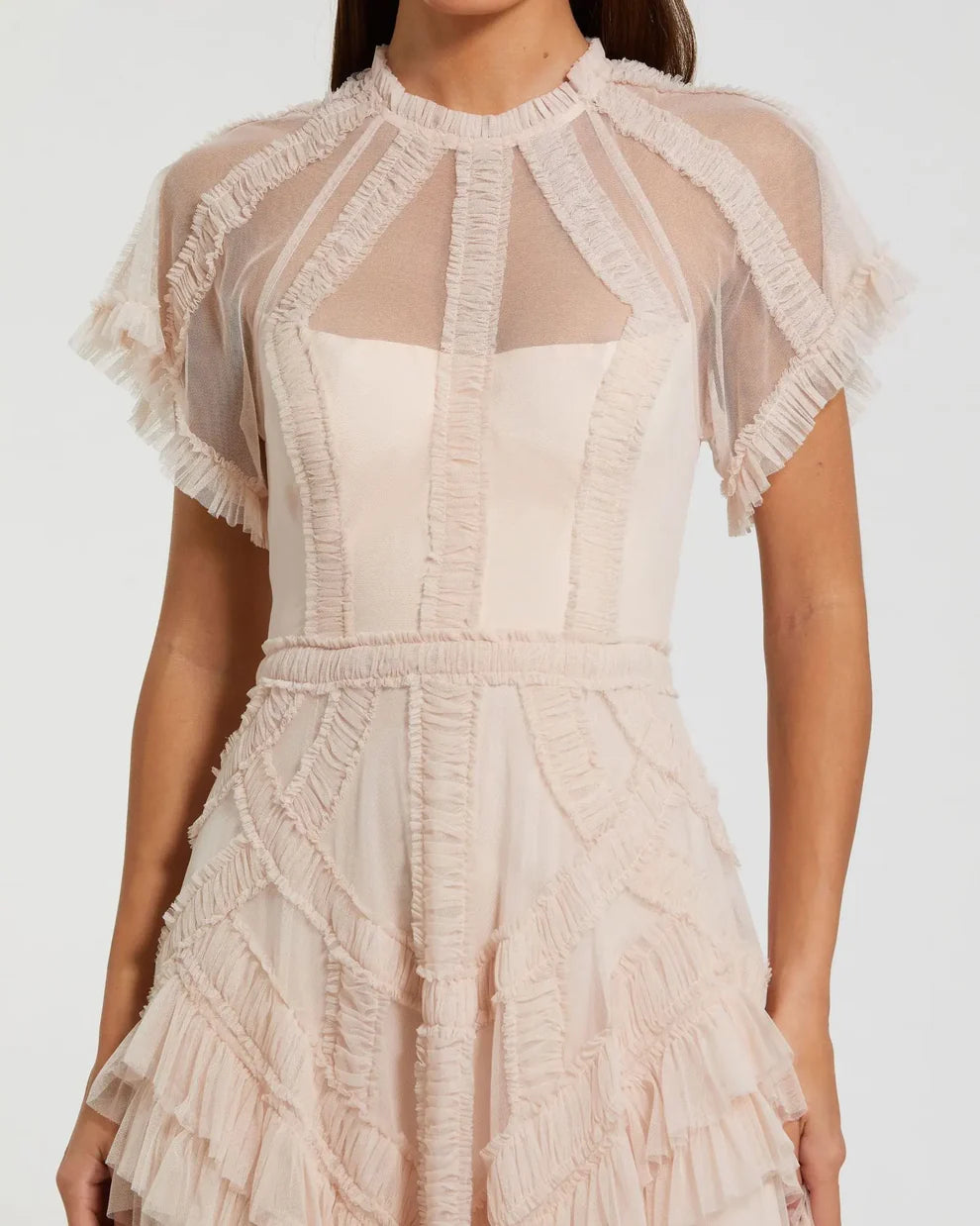 Pink Flutter Sleeve Micro Ruffle Midi Dress Style #8249