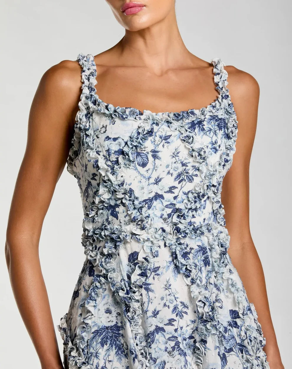 Blue and White Ruffle Scoop Neck Floral A-Line Dress Style #8256