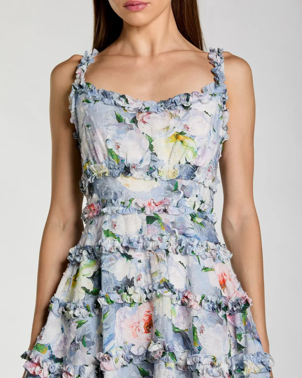 Blue Floral Square Neck Ruffled Cotton Mini Dress Style #8257