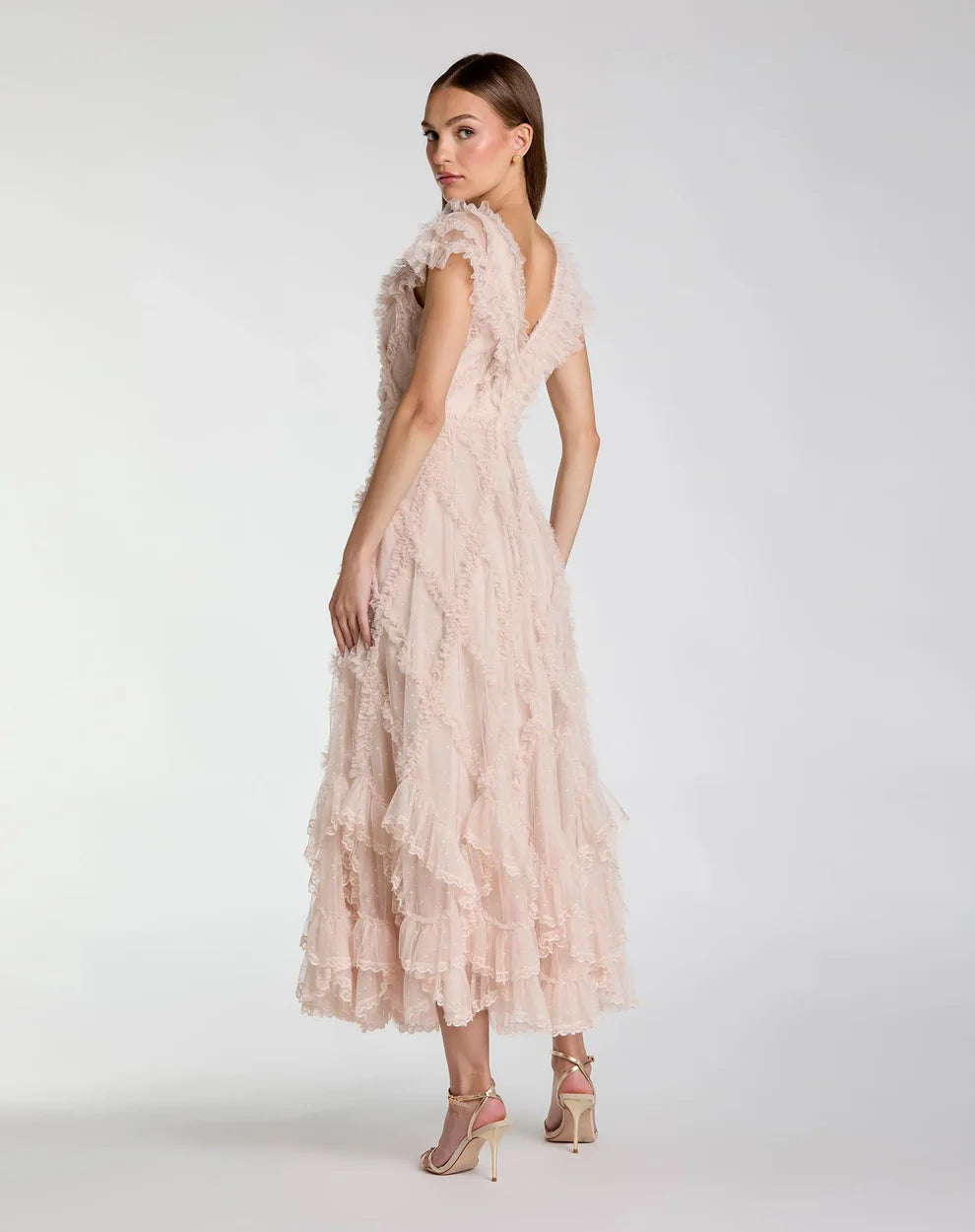 Pink Micro Ruffle Cap Sleeve A-Line Midi Dress Style #8382