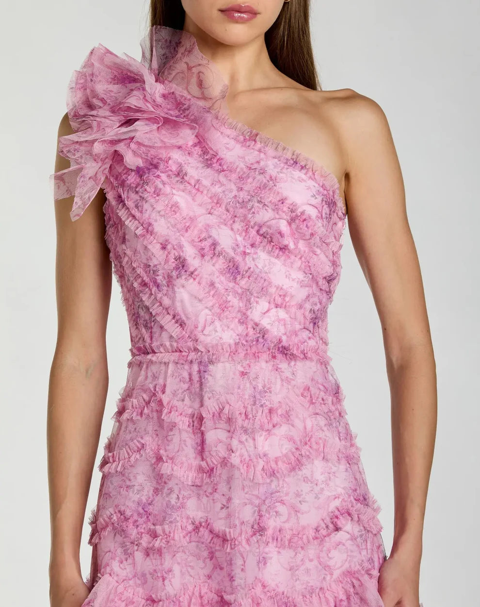Pink Printed One Shoulder Ruffled A Line Midi Dress Style #8422