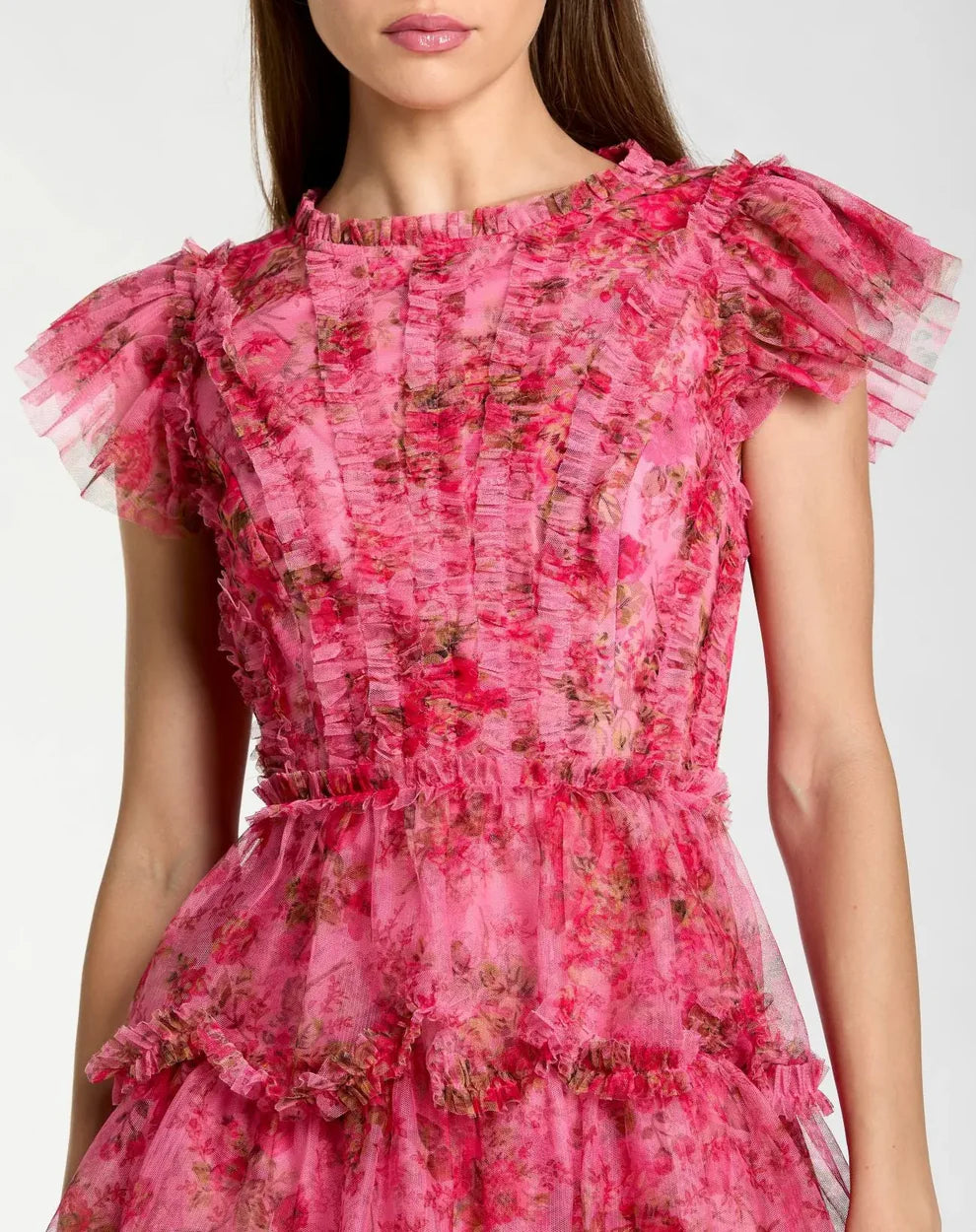 Pink Floral High Neck Cap Sleeve Ruffle Mini Dress Style #8473