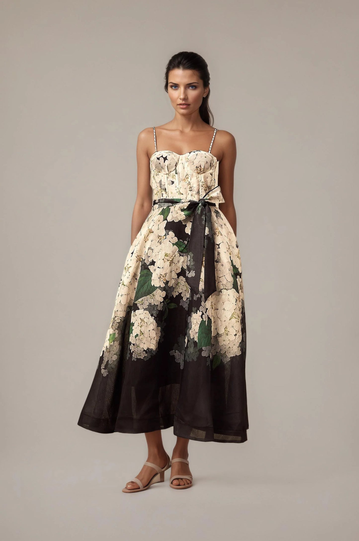 Relvoux | Géraldine Midi Dress With Floral Print And Tied Waist