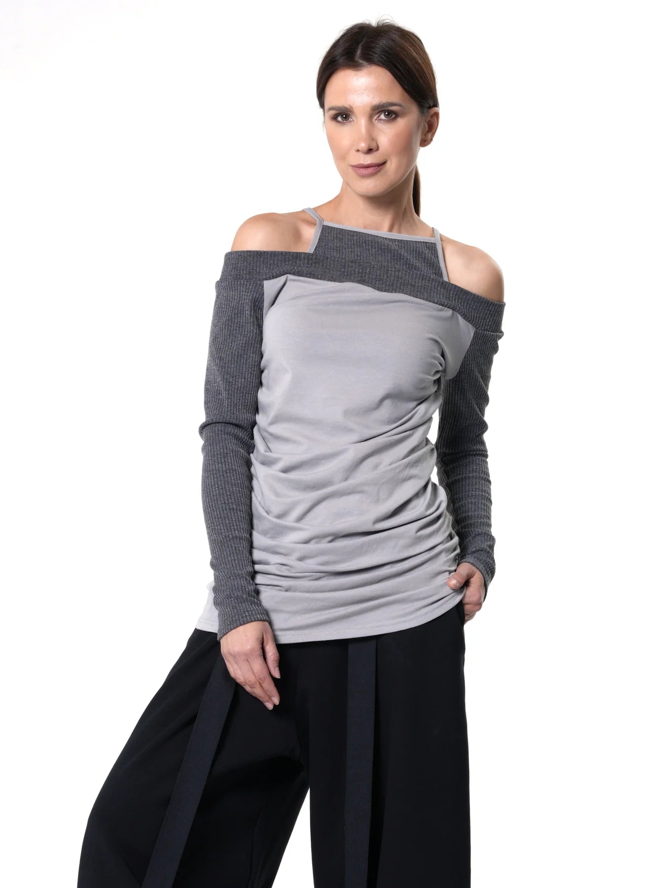 Metamorphoza | Open Shoulders Long Sleeve Top in Gray