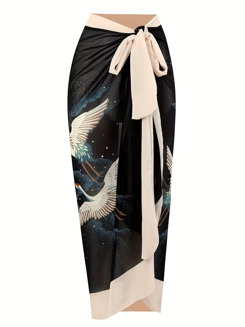 Oriental bird patterned swim suit and skirt