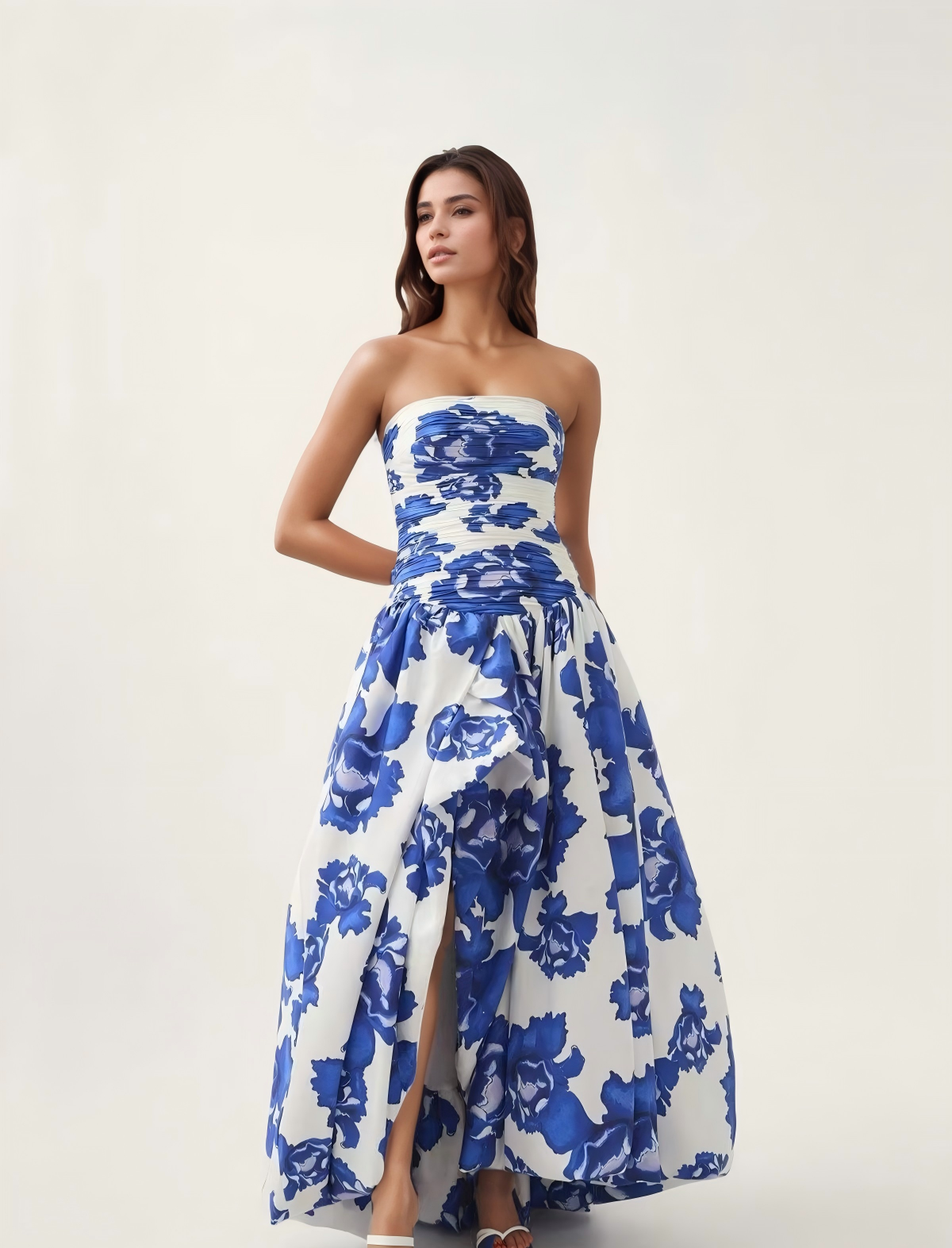 DR951Y Strapless Printed High Slit Maxi Dress for Women: Red / English / M