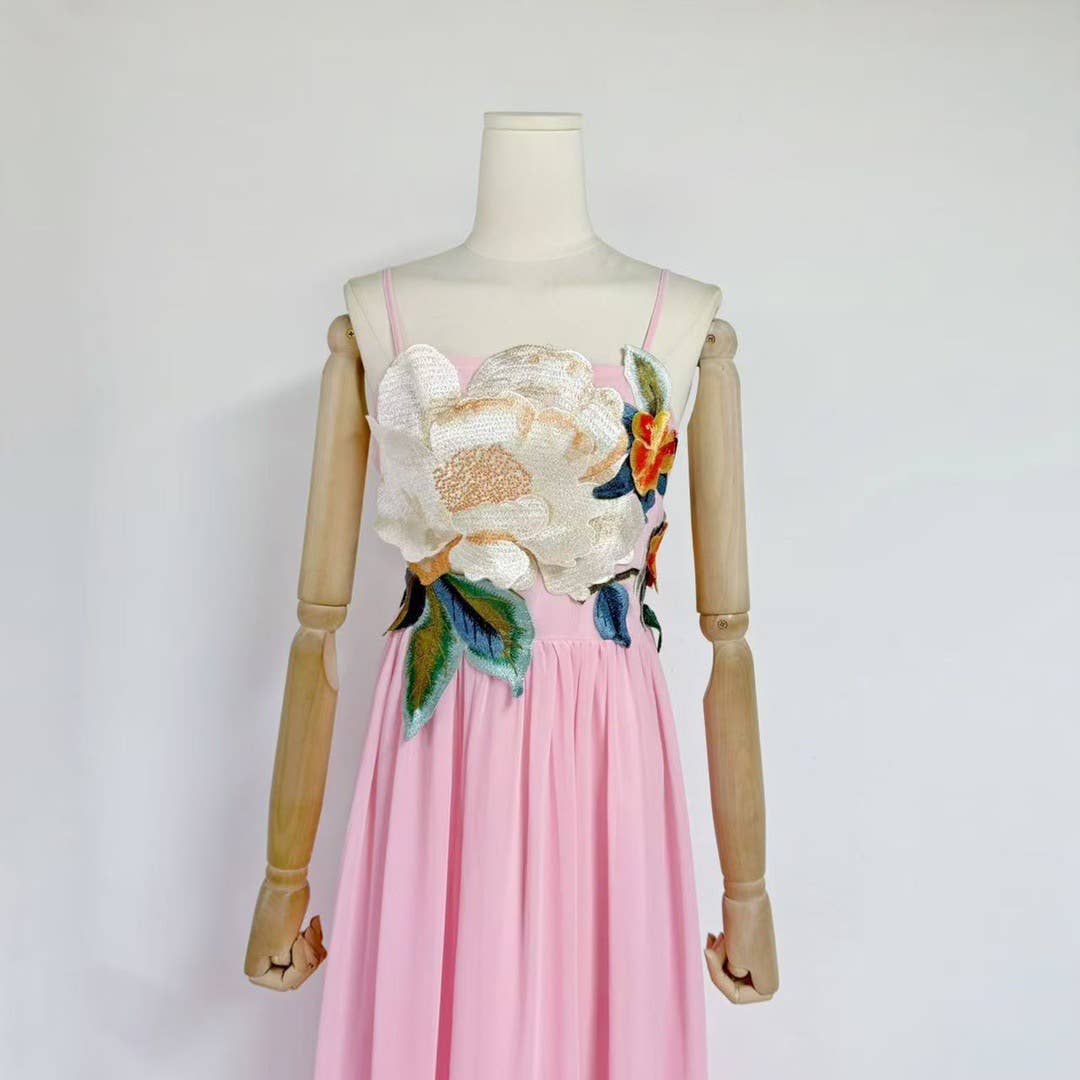 DR533Y Elegant Summer Embroidered 3D Floral Suspender Dress: Blue / English / L