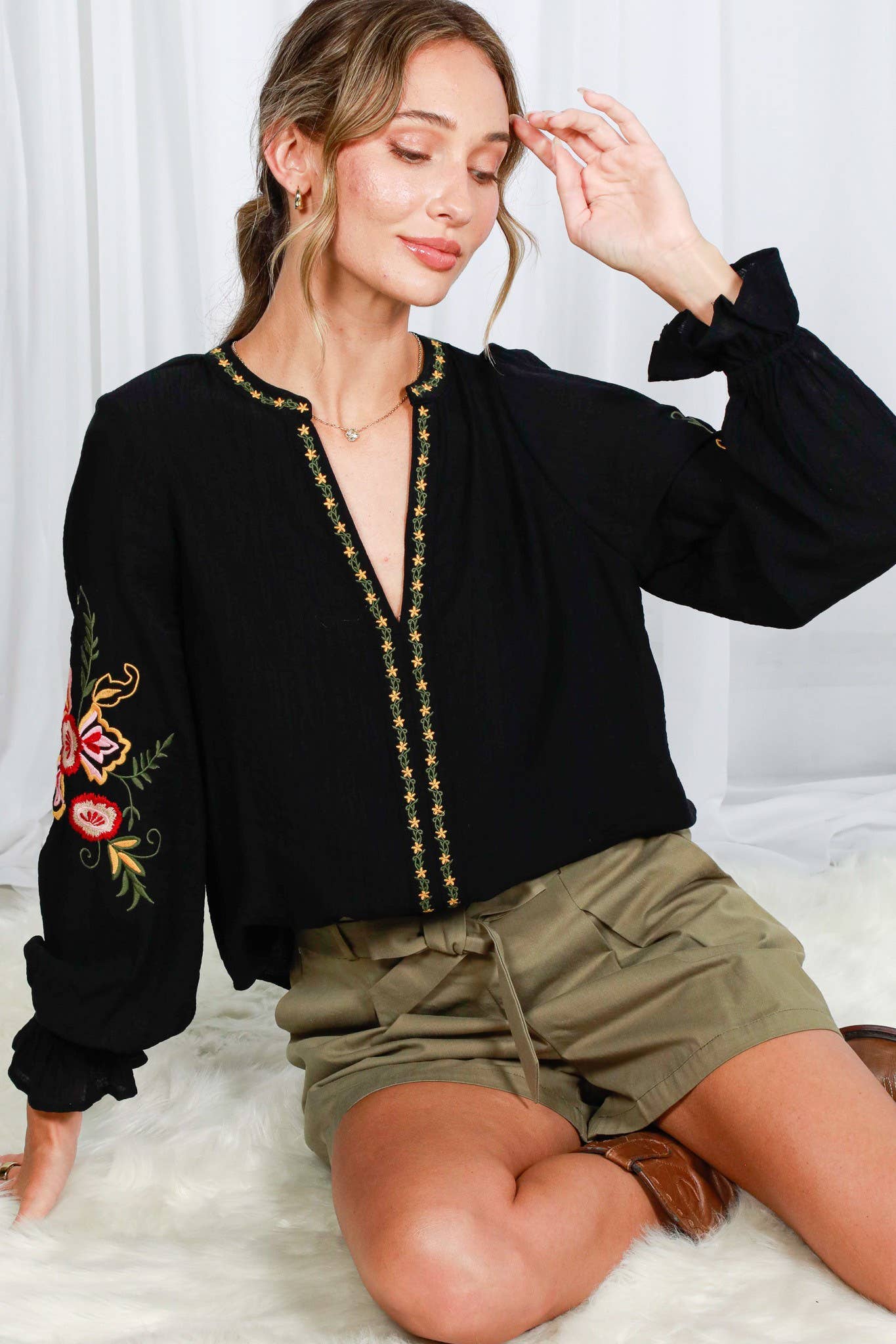 Bohemian Floral Embroidered Round Split Neck Blouse VT82505: Black / L