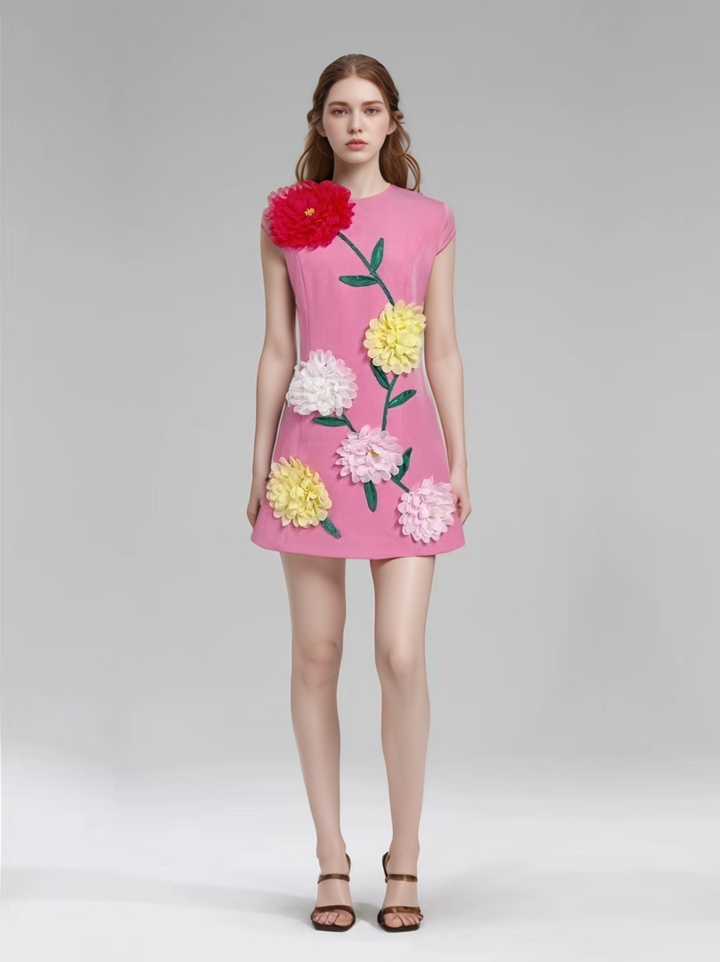 DR510Y Summer 3D Floral Embroidered Sleeveless Vest Dress: Yellow / English / M
