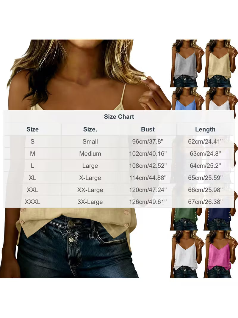 Linen V-Neck Tank Top with Side Buttons