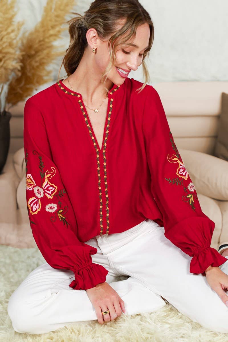 Bohemian Floral Embroidered Round Split Neck Blouse VT82505: Black / M