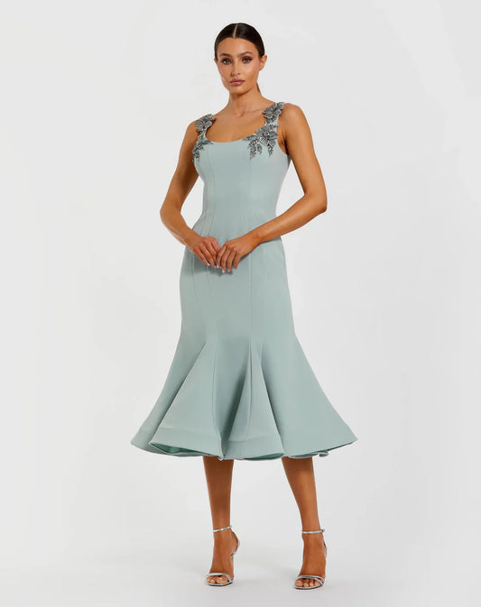 Green Sleeveless Midi Dress With Floral Embellishments Style #11948