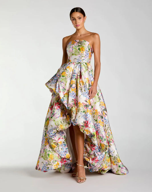 Multicolor Strapless Floral High Low Bubble Hem Gown Style #11991