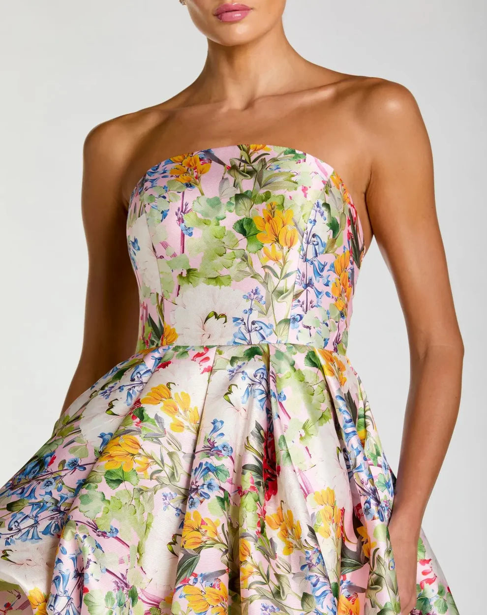 Multicolor Strapless Floral High Low Bubble Hem Gown Style #11991