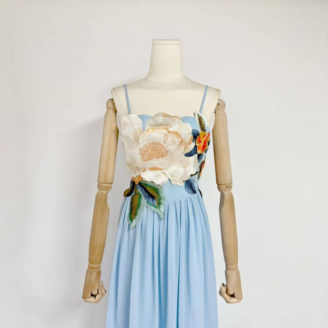 DR533Y Elegant Summer Embroidered 3D Floral Suspender Dress: Pink / English / L