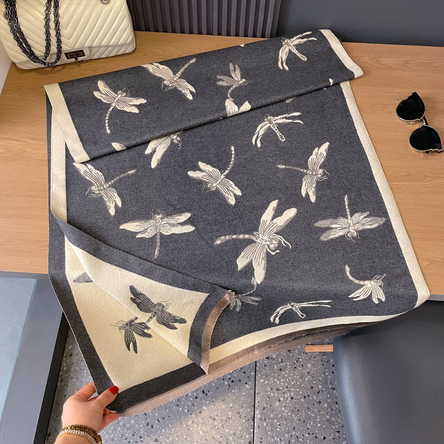 Gray / Ivory Dragonflies Reversible Wrap