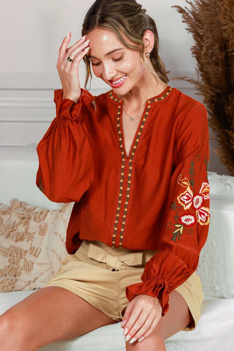 Bohemian Floral Embroidered Round Split Neck Blouse VT82505: Black / M