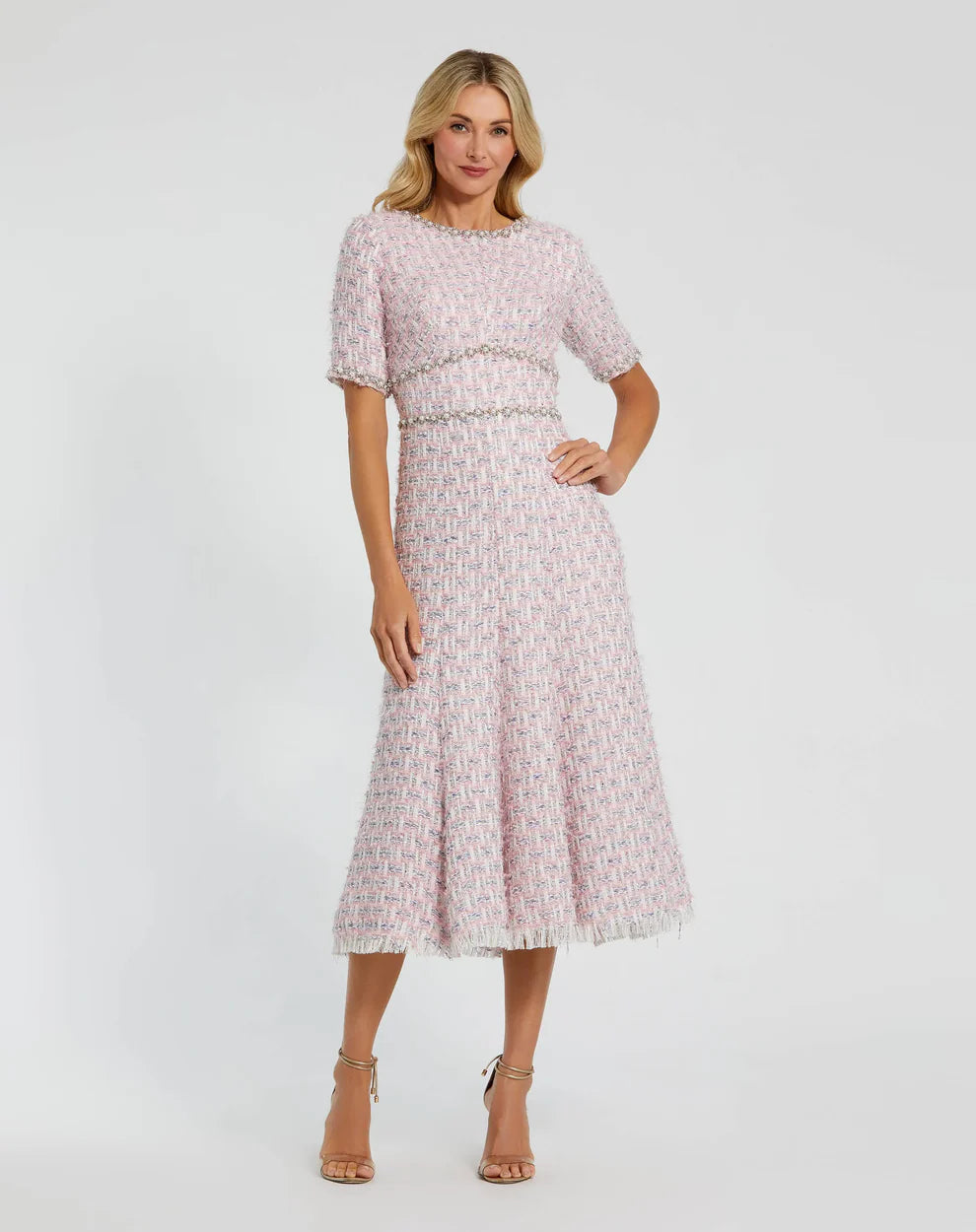 Pink Short Sleeve Beaded Trim Boucle Midi Dress Style #20806