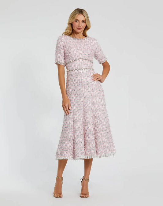 Pink Short Sleeve Beaded Trim Boucle Midi Dress Style #20806