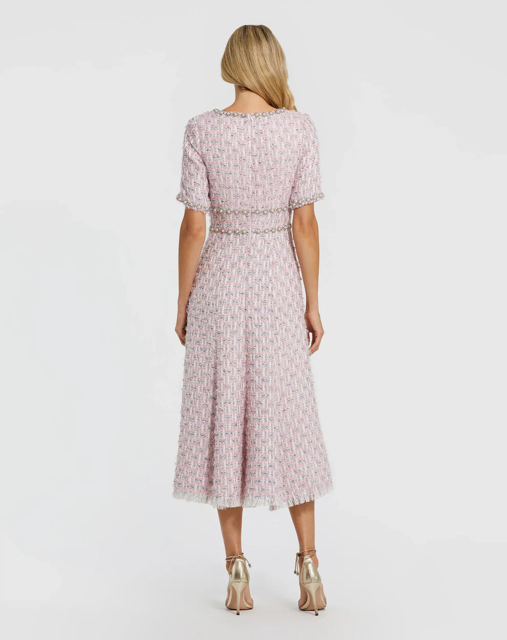 Pink Short Sleeve Beaded Trim Boucle Midi Dress Style #20806