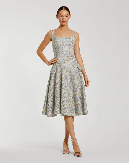 Multicolor Sleeveless Drop Waist Boucle Midi Dress Style #21066