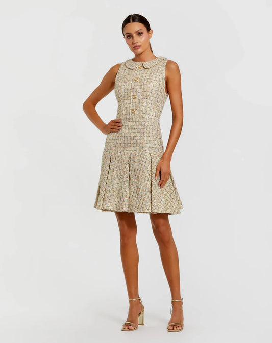 Gold Sleeveless Boucle Mini Dress with Pleats Style #21068