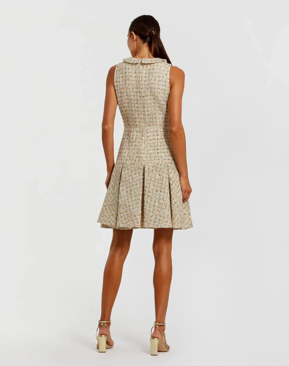 Gold Sleeveless Boucle Mini Dress with Pleats Style #21068