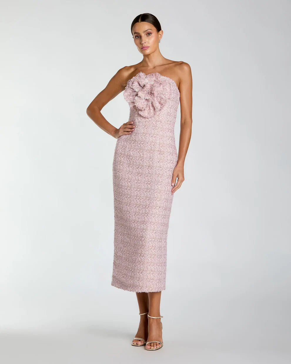 Pink Strapless Boucle Midi Dress With 3D Flower Style #21220