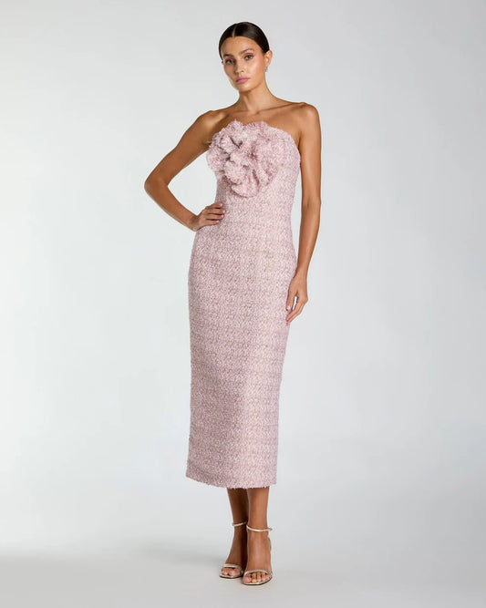 Pink Strapless Boucle Midi Dress With 3D Flower Style #21220