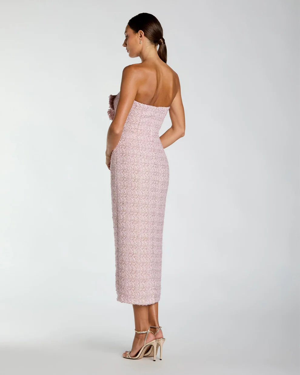 Pink Strapless Boucle Midi Dress With 3D Flower Style #21220