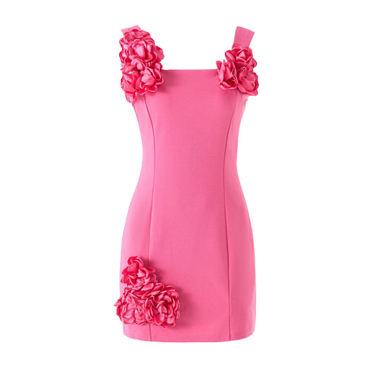 DR804 Fuchsia 3D Floral A-Line Mini Dress: Fuchsia / English / M