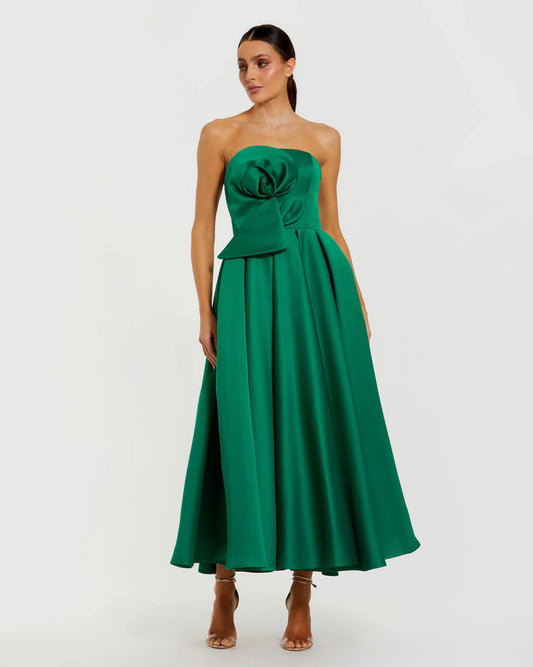 Green Strapless Satin A Line Midi Dress With 3D Flower Style #2330