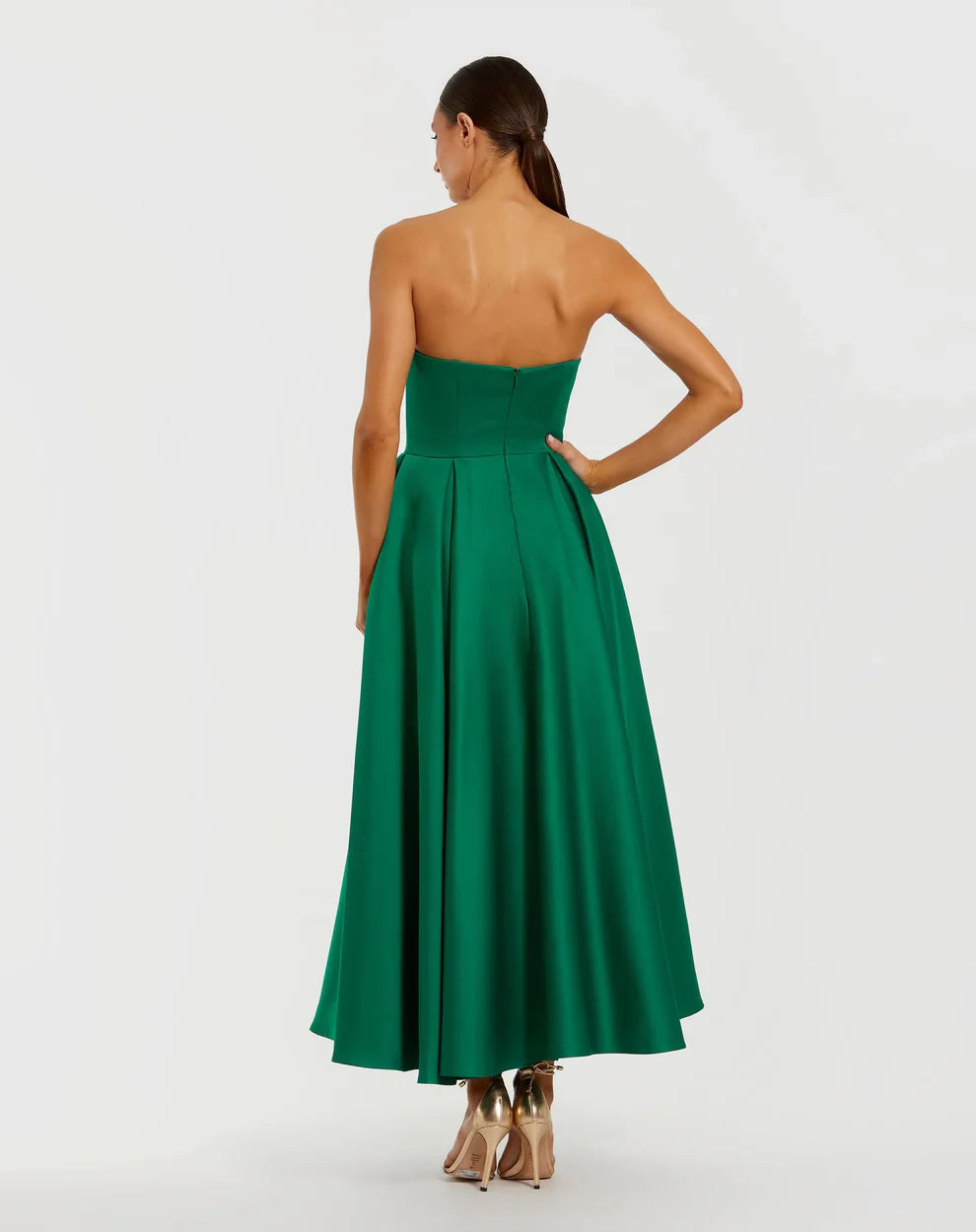 Green Strapless Satin A Line Midi Dress With 3D Flower Style #2330