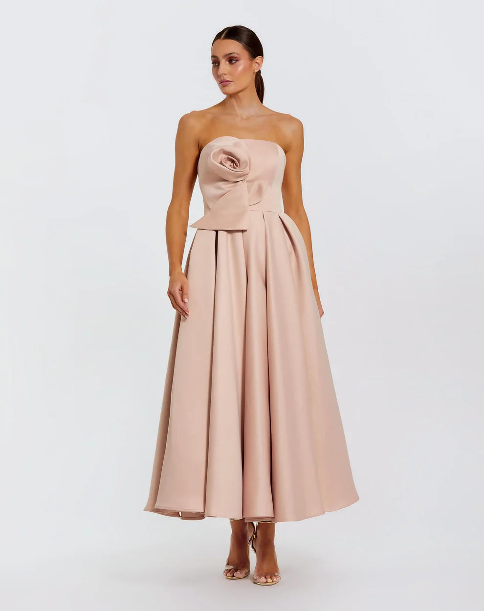 Pink Strapless Satin A Line Midi Dress With 3D Flower Style #2330
