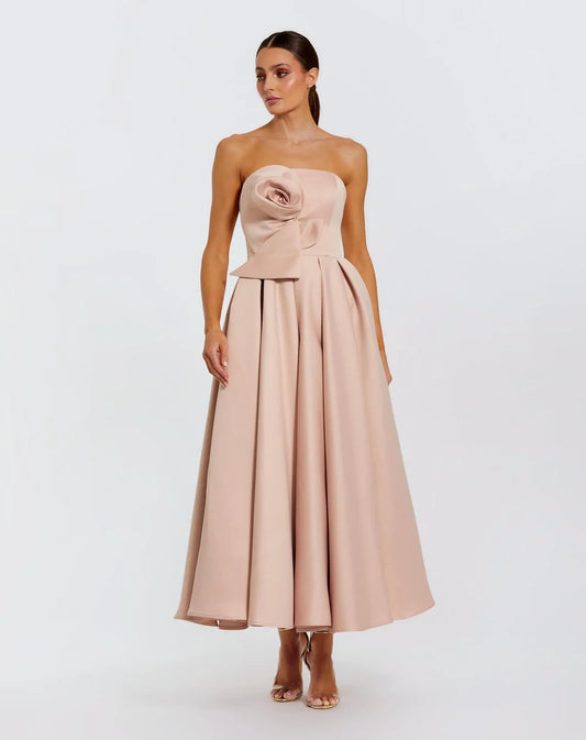 Pink Strapless Satin A Line Midi Dress With 3D Flower Style #2330