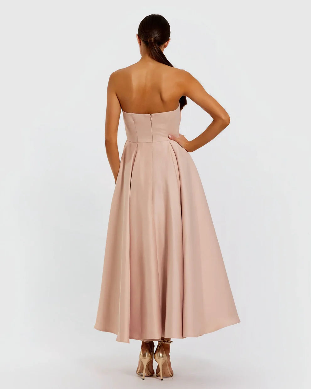 Pink Strapless Satin A Line Midi Dress With 3D Flower Style #2330