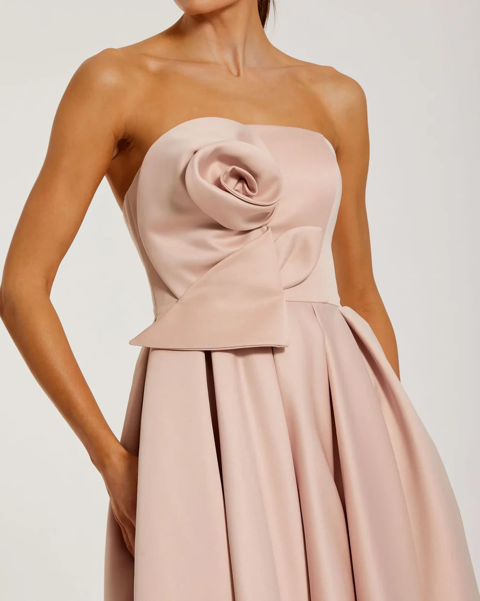 Pink Strapless Satin A Line Midi Dress With 3D Flower Style #2330