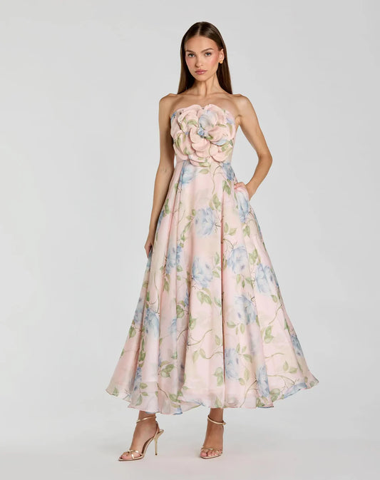 Pink Strapless Floral Organza Midi Dress With Flower Style #27822