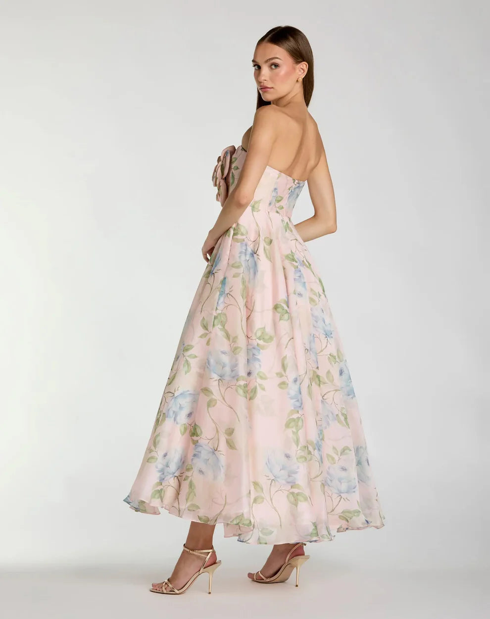 Pink Strapless Floral Organza Midi Dress With Flower Style #27822