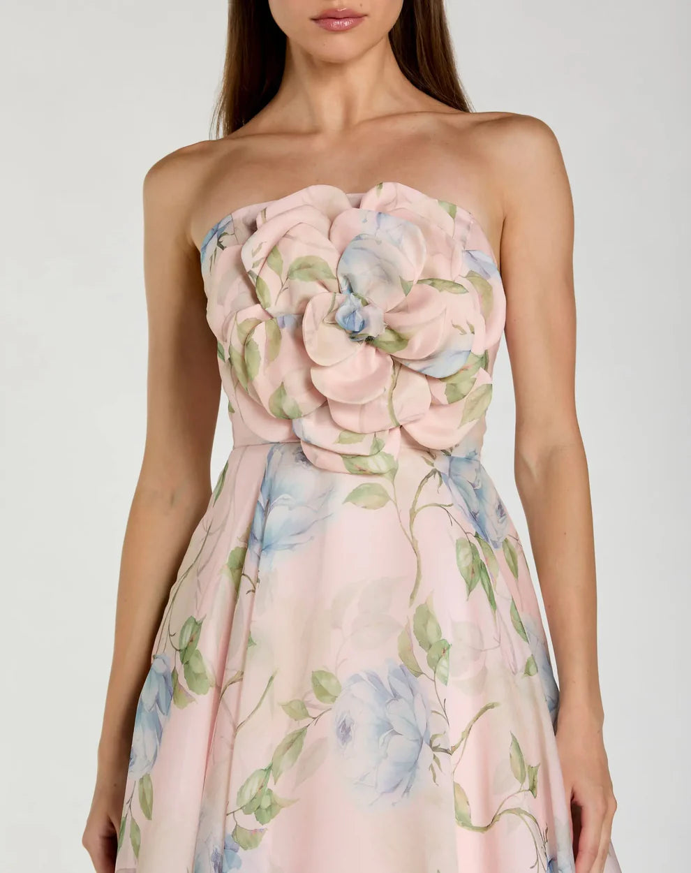 Pink Strapless Floral Organza Midi Dress With Flower Style #27822