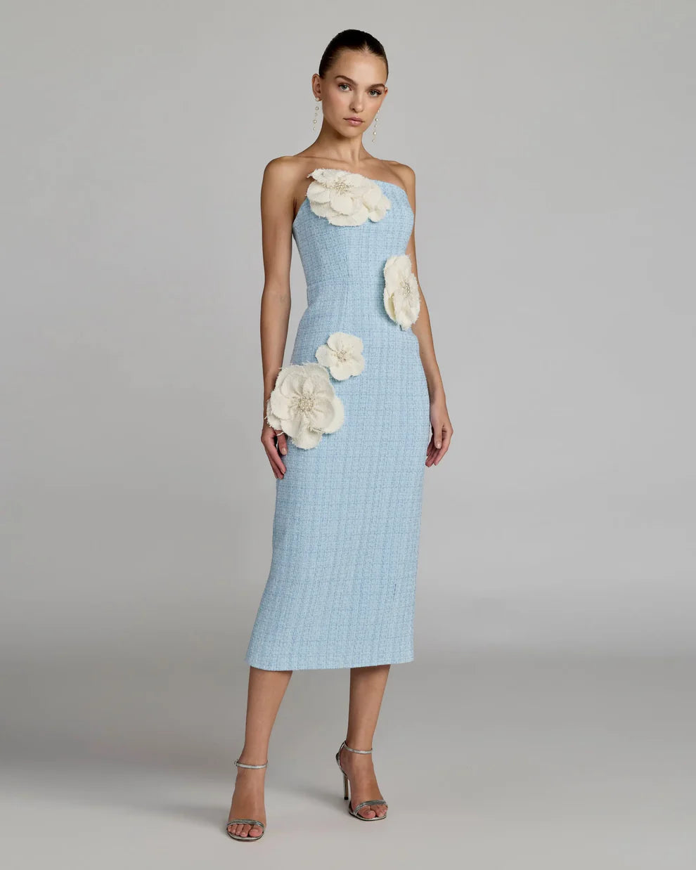 Blue Boucle Strapless 3D Floral Midi Dress Style #27831